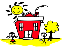 Kids drawing of a happy sun, a home and two happy people
